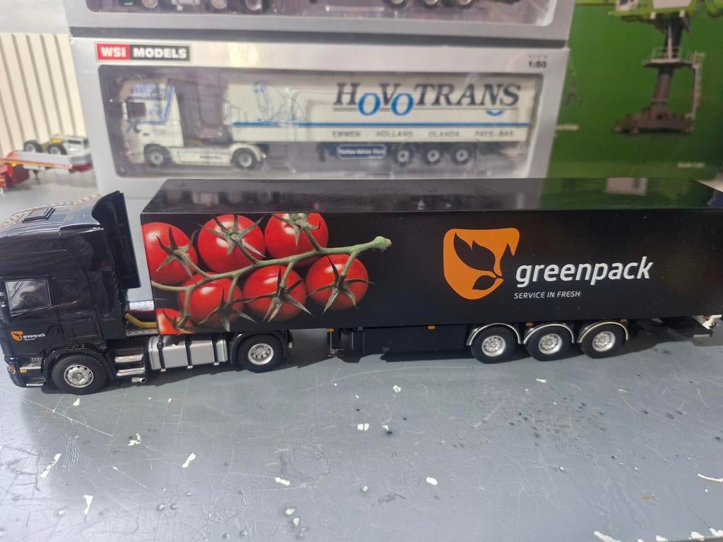 Scania topline met kastentrailer wsi greenpack, Hobby en Vrije tijd, Modelauto's | 1:50, Ophalen of Verzenden, Zo goed als nieuw