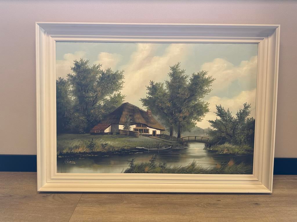 Schilderij Landschap met rietgedekte boerderij en brug, Antiek en Kunst, Kunst | Schilderijen | Klassiek, Ophalen