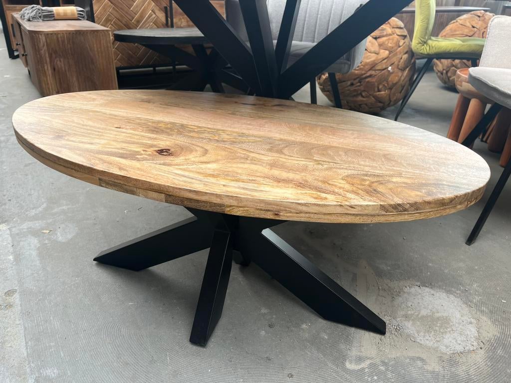 Magazijn leegverkoop salontafel ovaal mangohout matrix actie, Huis en Inrichting, Tafels | Salontafels, Overige houtsoorten, 100 tot 150 cm
