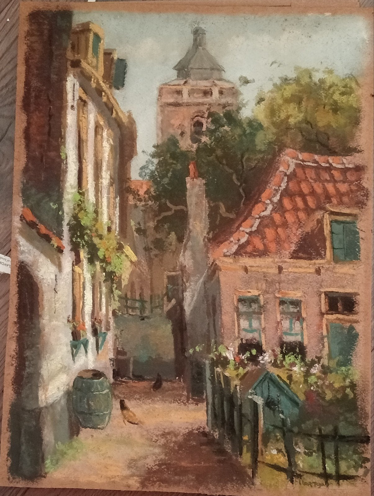 Hofje 20e eeuw pastelkrijt gesigneerd, Antiek en Kunst, Ophalen of Verzenden