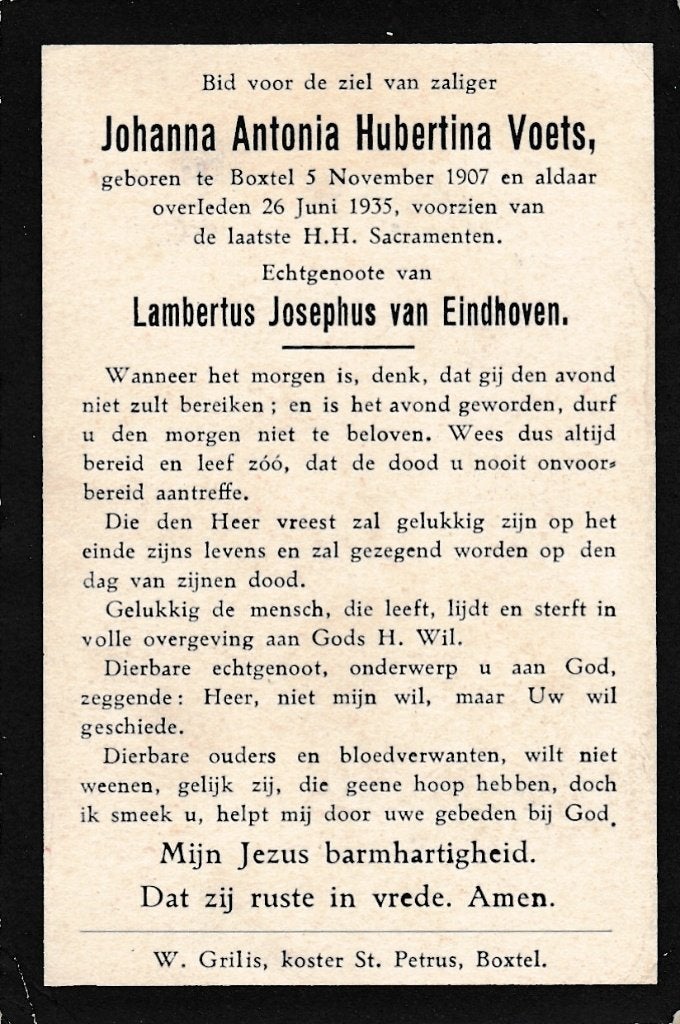 Voets Johanna 1907 Boxtel 1935, Verzamelen, Bidprentjes en Rouwkaarten, Ophalen of Verzenden, Bidprentje