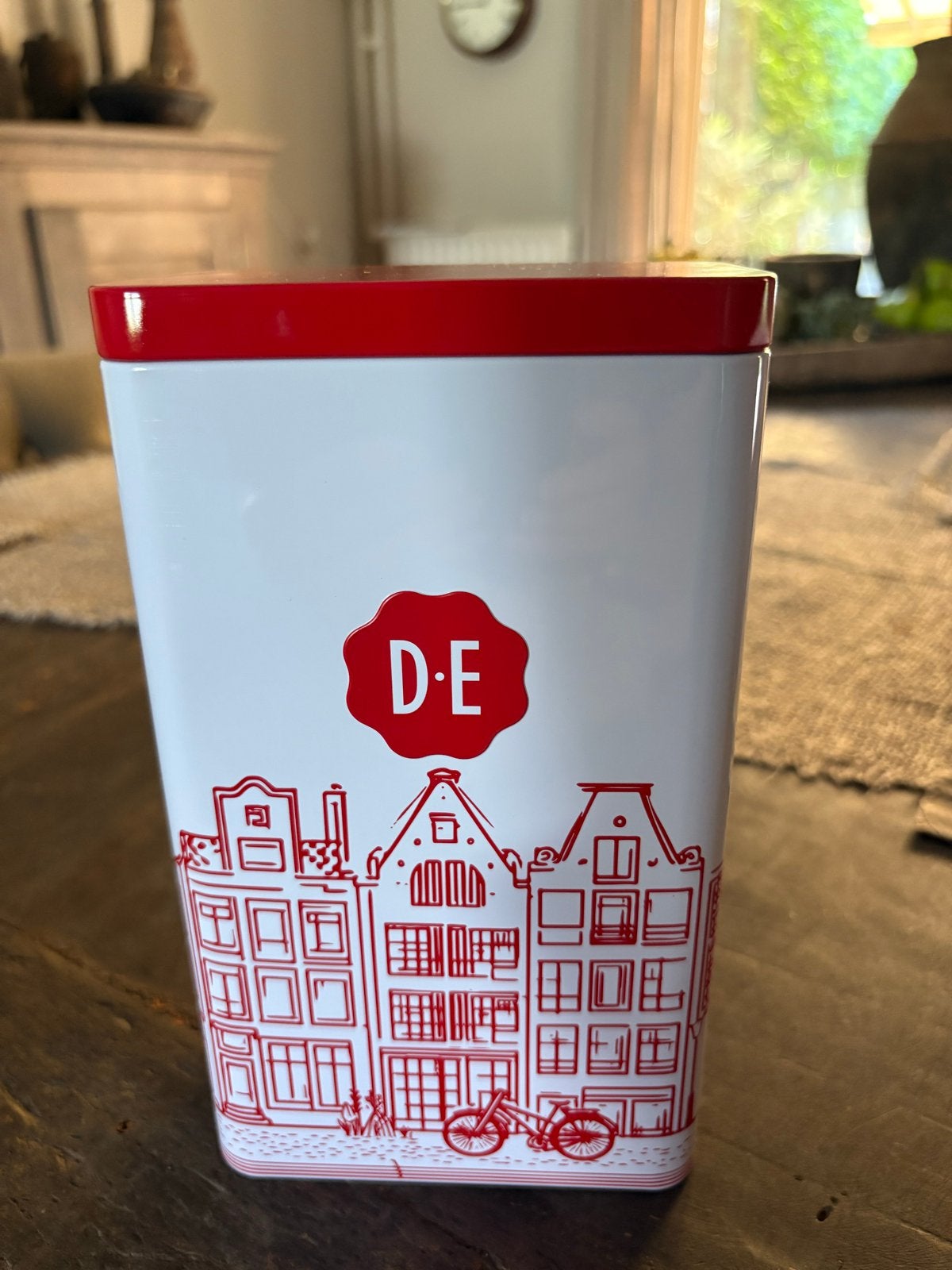 Nieuw Douwe Egberts blik - Amsterdam grachtenpandjes, Ophalen of Verzenden, Nieuw, Koffie, Douwe Egberts