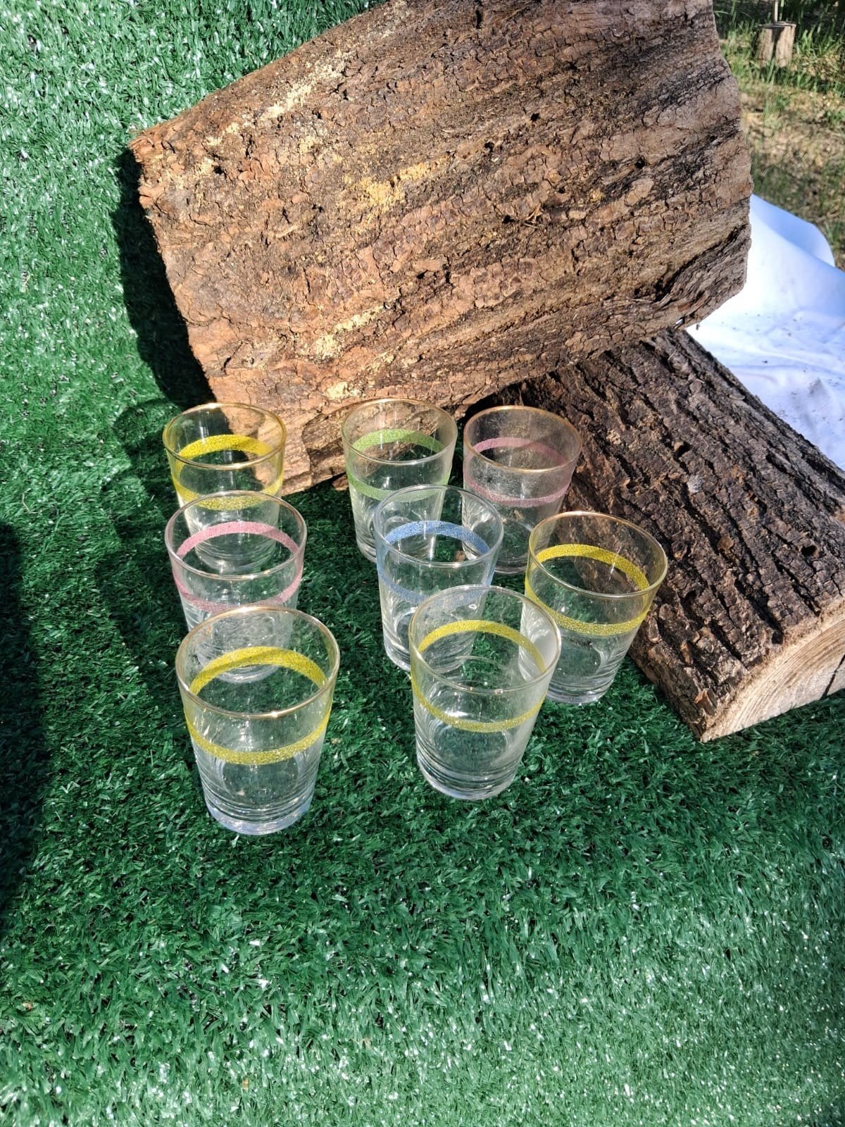 Set van 8 Vintage Borrelglaasjes met Gekleurde Rand, Ophalen of Verzenden