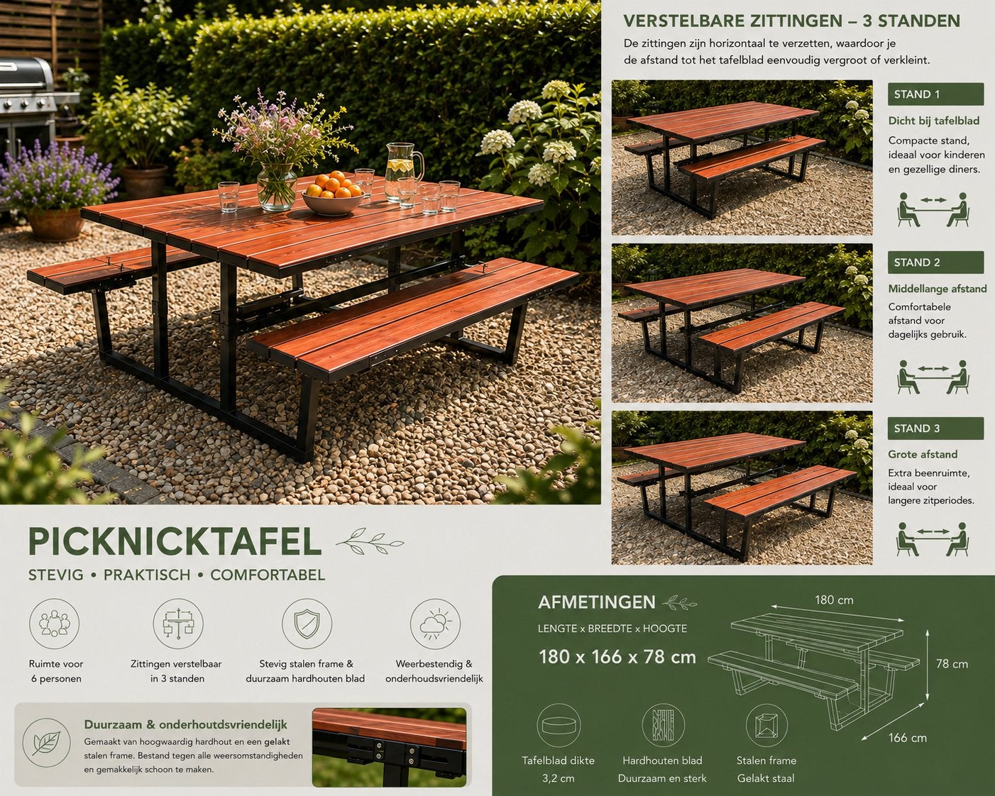 Stijlvolle robuuste picknicktafel, Ophalen, Zo goed als nieuw