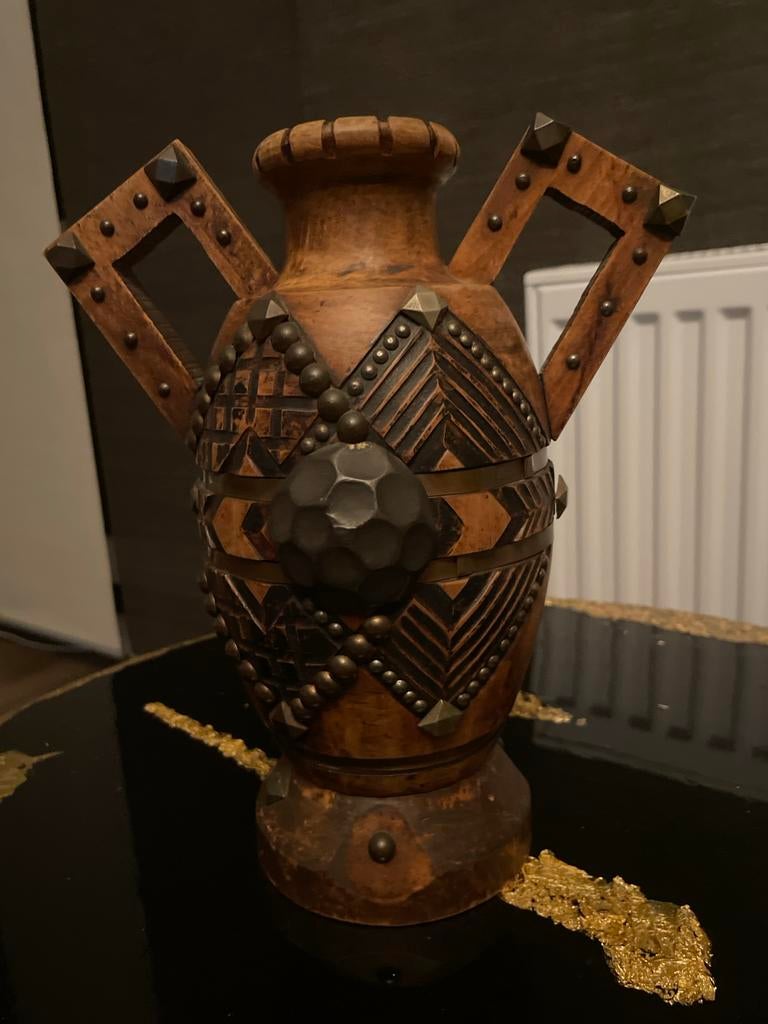 Unieke handgemaakte houten vaas met metalen details, Ophalen of Verzenden