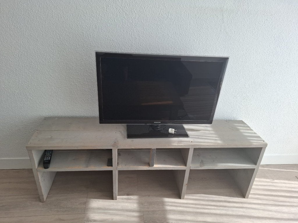 Steigerhouten TV-meubel grey wash — 160 cm, 3 vakken, Ophalen, Gebruikt, 150 tot 200 cm, Minder dan 100 cm