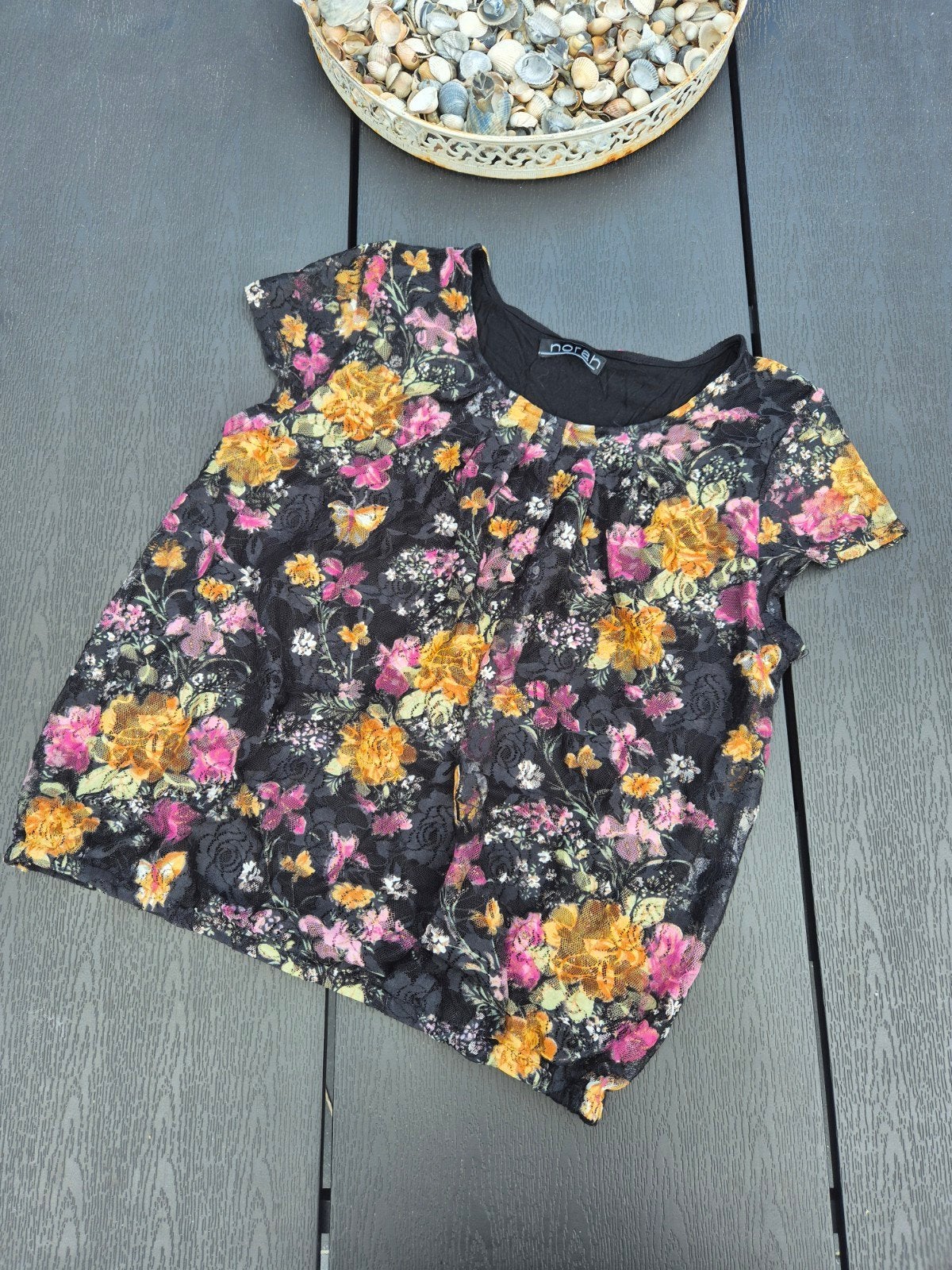 Norah top maat 40 met bloemenprint en korte mouwen, Maat 38/40 (M), Meerkleurig, Ophalen of Verzenden, Zo goed als nieuw