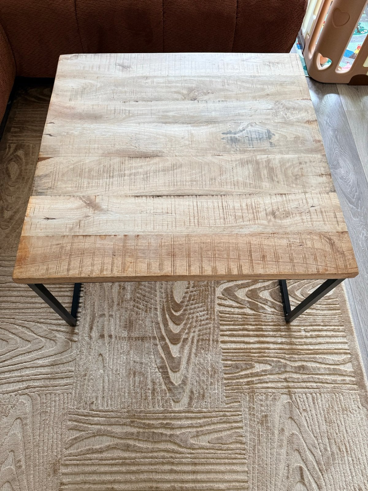 Robuuste salontafel van mangohout met metalen poten, Ophalen, Gebruikt, Vierkant, 50 tot 100 cm