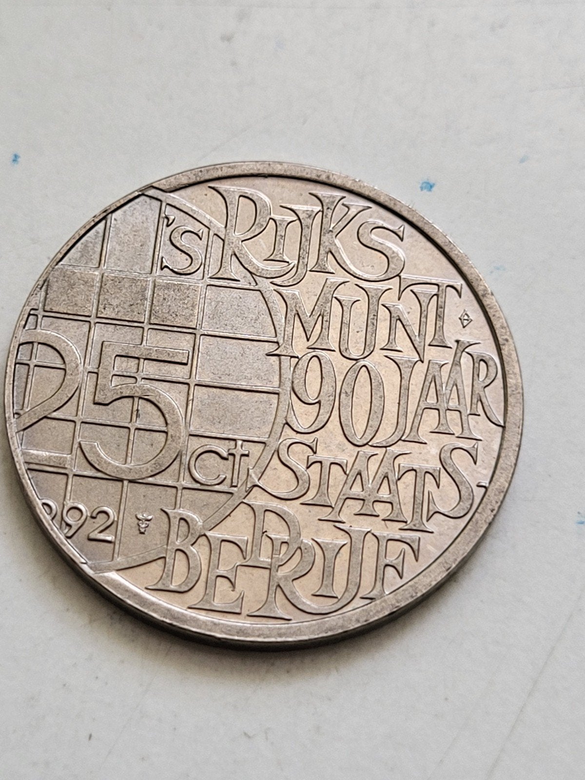 Penning 's Rijks Munt 90 jaar Staatsbedrijf 25 ct 1902-1992, Postzegels en Munten, Penningen en Medailles, Ophalen of Verzenden