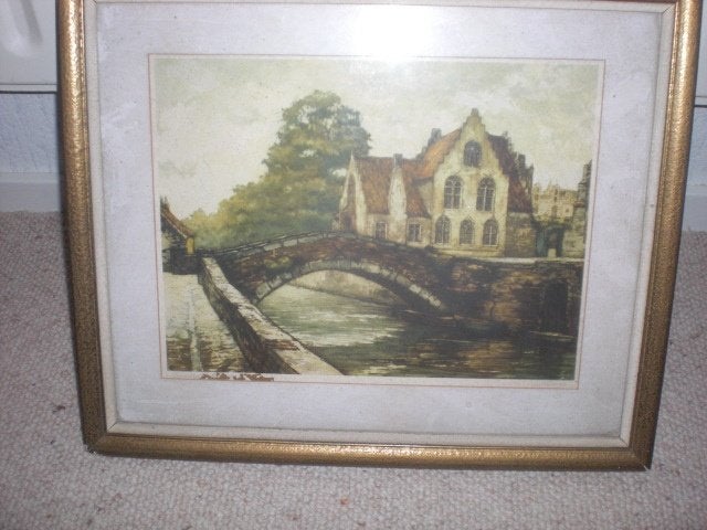 Schilderij Brugge met brug en gracht, Antiek en Kunst, Kunst | Schilderijen | Klassiek, Ophalen, Realistisch, Achter glas, Print