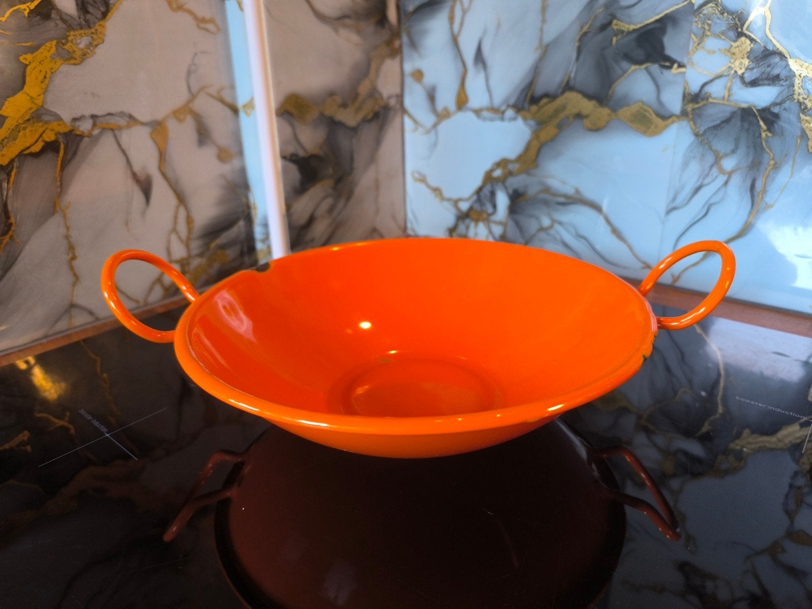 Vintage oranje emaille schaal / pan met handgrepen, Ophalen of Verzenden