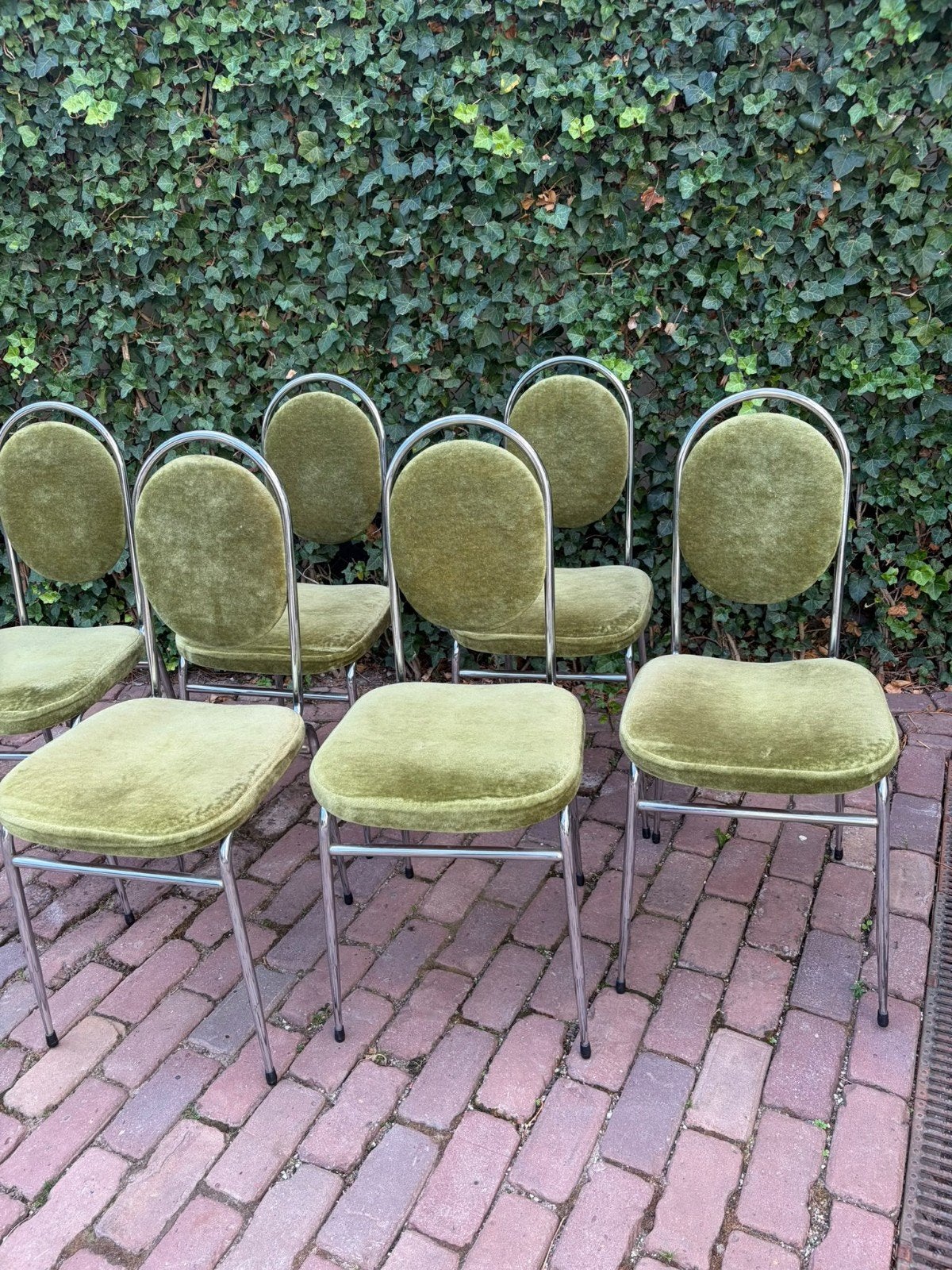 Set van 6 vintage stoelen, groen velours en chroom, Ophalen, Gebruikt, Overige kleuren, Vintage retro buisframe midcentury