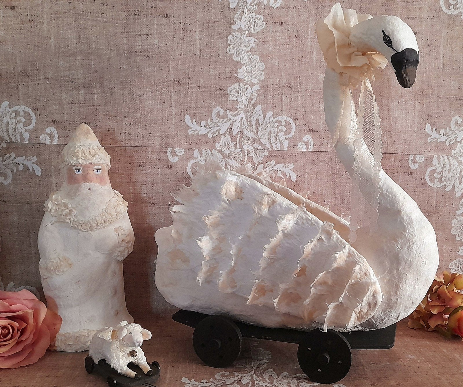 Prachtige grote brocante wattenpop Zwaan op wieltjes, Ophalen of Verzenden