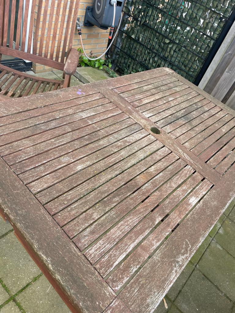 Houten tuinset met 4 stoelen en kussens - opknapper, Tuin en Terras, Tuinsets en Loungesets, Ophalen, 4 zitplaatsen, Gebruikt