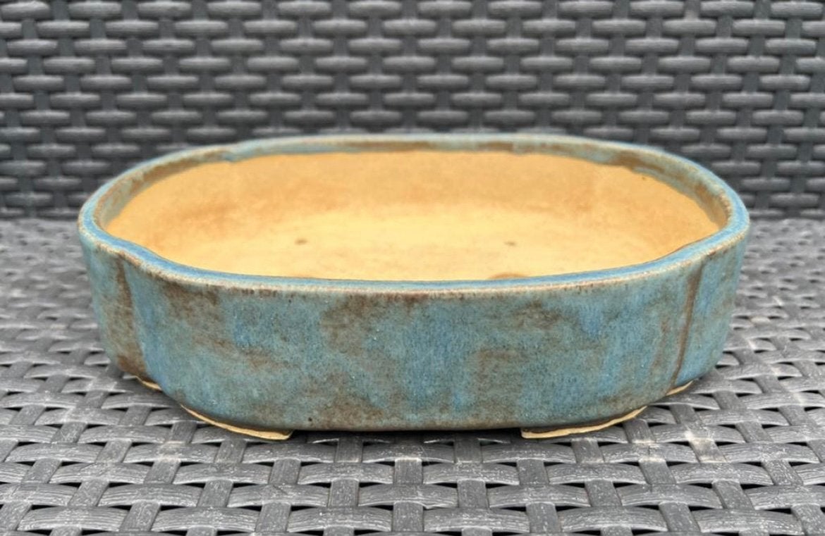 Bonsai schaal handgemaakt blauw-bruin geglazuurd 23x17x5,5, Tuin en Terras, Ophalen of Verzenden, Zo goed als nieuw, Overige vormen