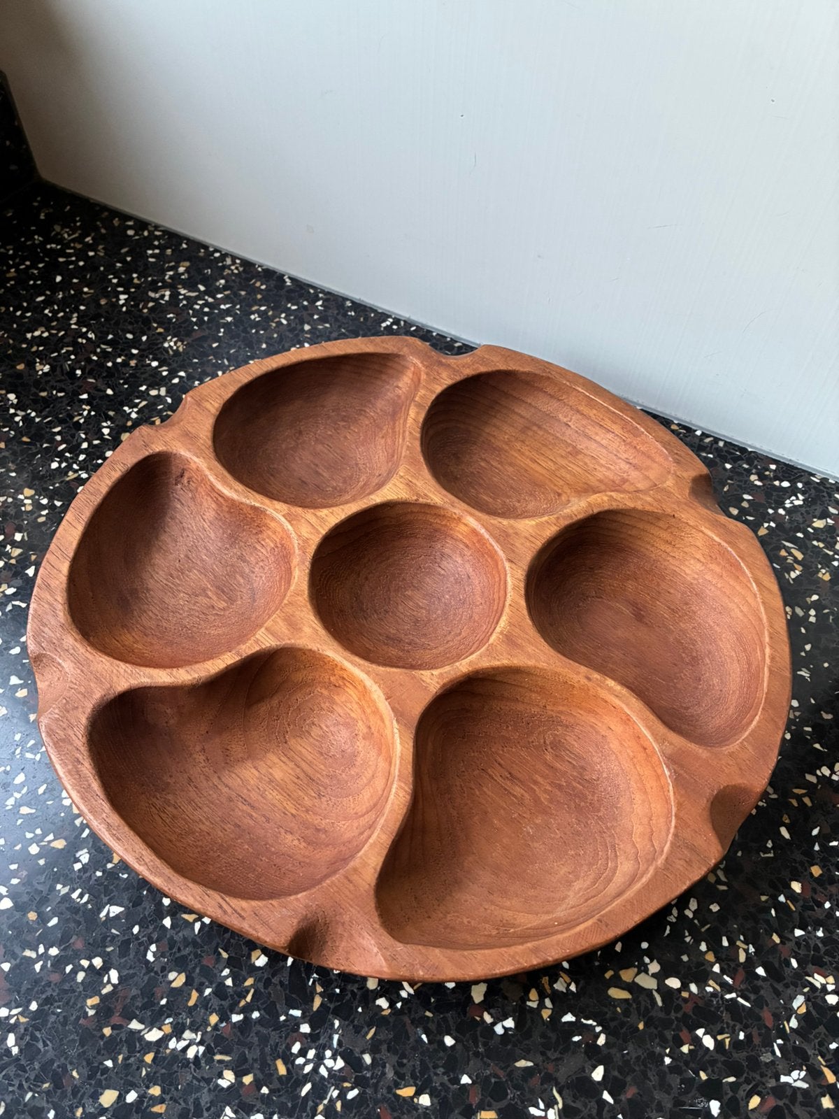 Vintage houten vakjes schaal, Ophalen of Verzenden, Gebruikt, Rond, Hout