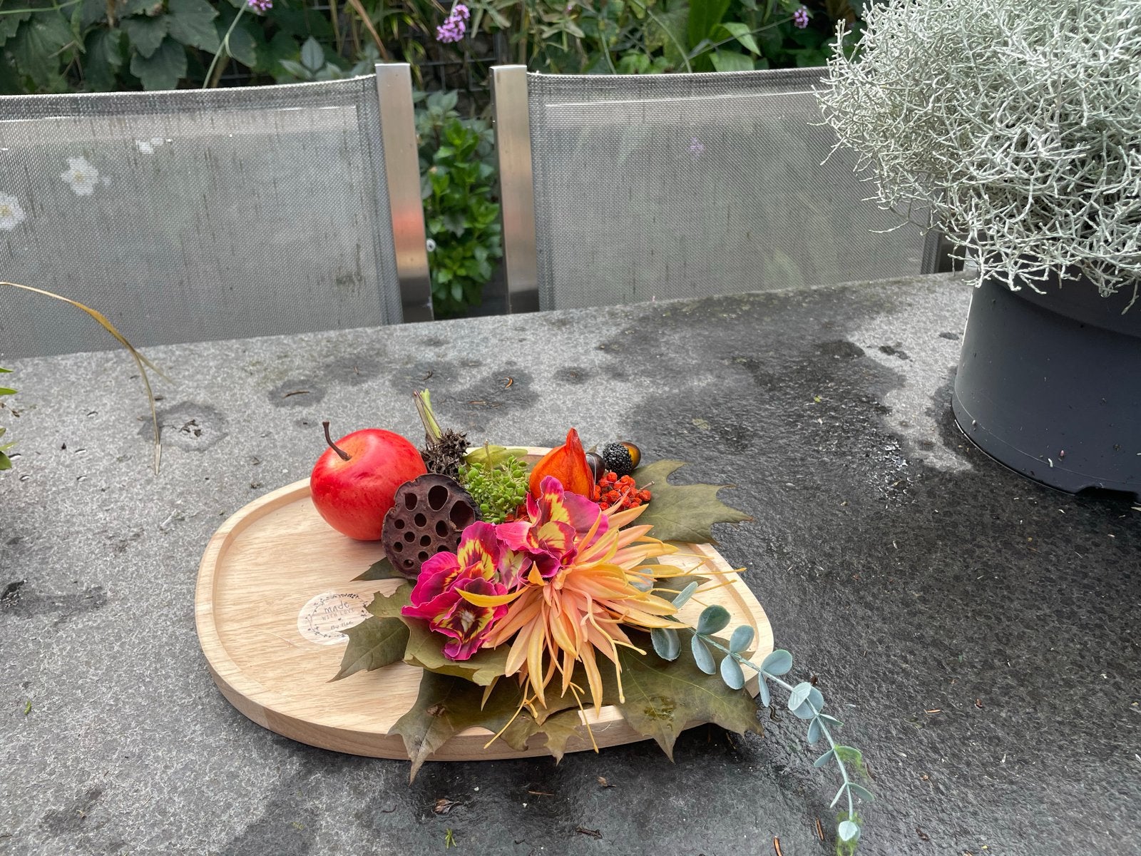 Herfstdecoratie op houten schaal, Hout, Meerkleurig, Ophalen of Verzenden, Landelijk