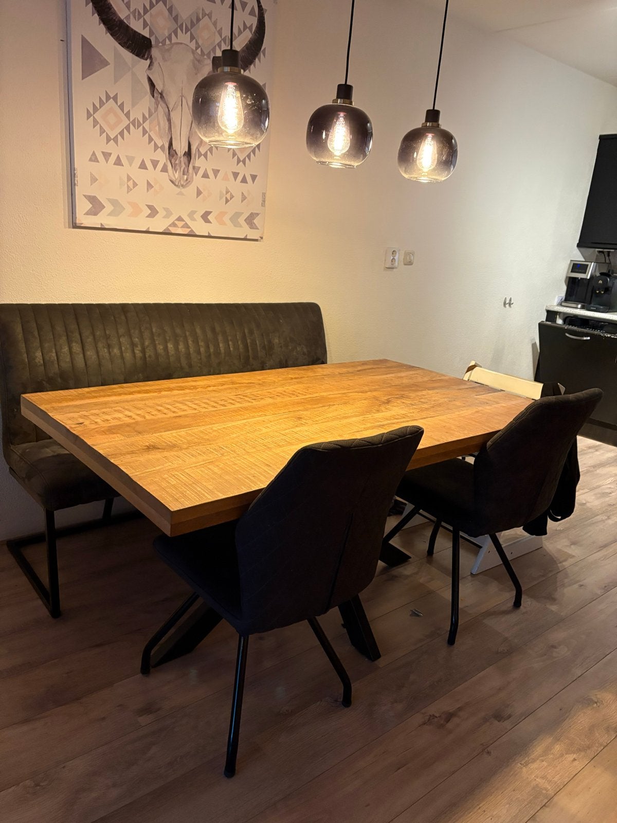 Mangohouten eettafel 160x90 met metalen spinpoot, Ophalen, Gebruikt, 50 tot 100 cm, 150 tot 200 cm