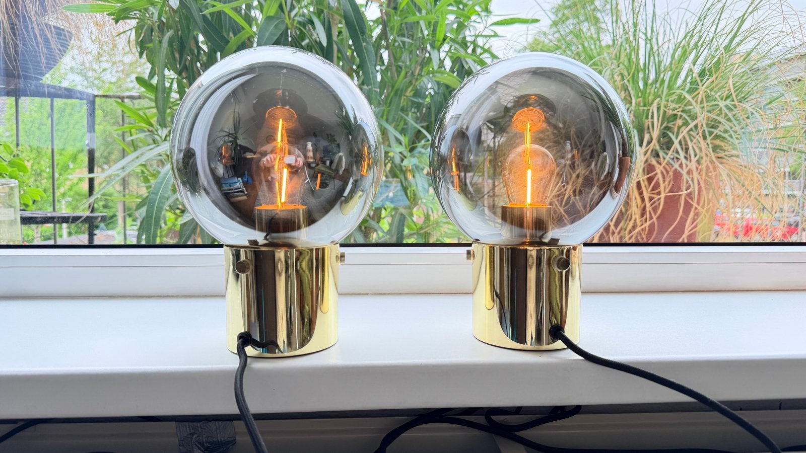 Set Tafellampen Goud met Smokey Glazen Bol, Goud, Met stekker, Modern, E27 (groot)