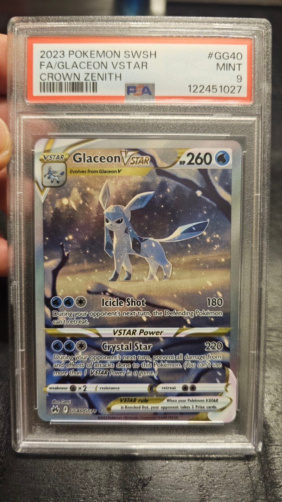 PSA 9 Glaceon VSTAR GG40/GG70 Crown Zenith Pokemon Kaart, Ophalen of Verzenden, Zo goed als nieuw, Losse kaart