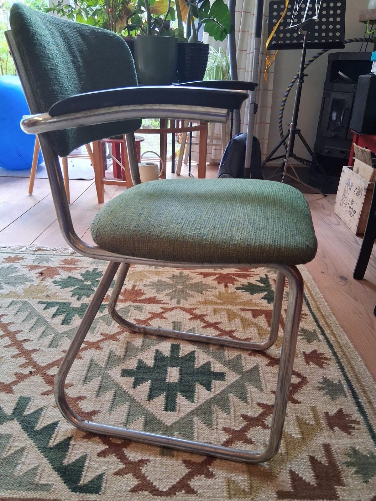 gispen 1235 Vintage Groene Buisframe Stoel met Armleuningen, Huis en Inrichting, Gebruikt, Overige kleuren, Metaal, Eén