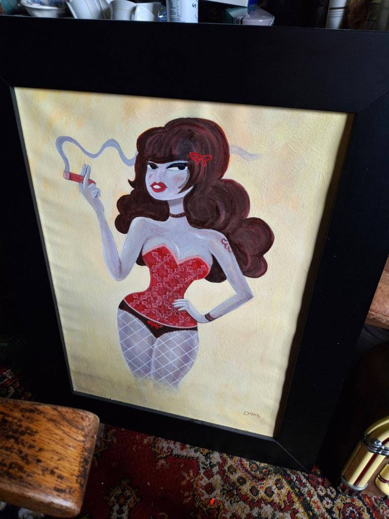 Vintage Pin-up Schilderij Gesigneerd Lyons, Antiek en Kunst, Ophalen of Verzenden