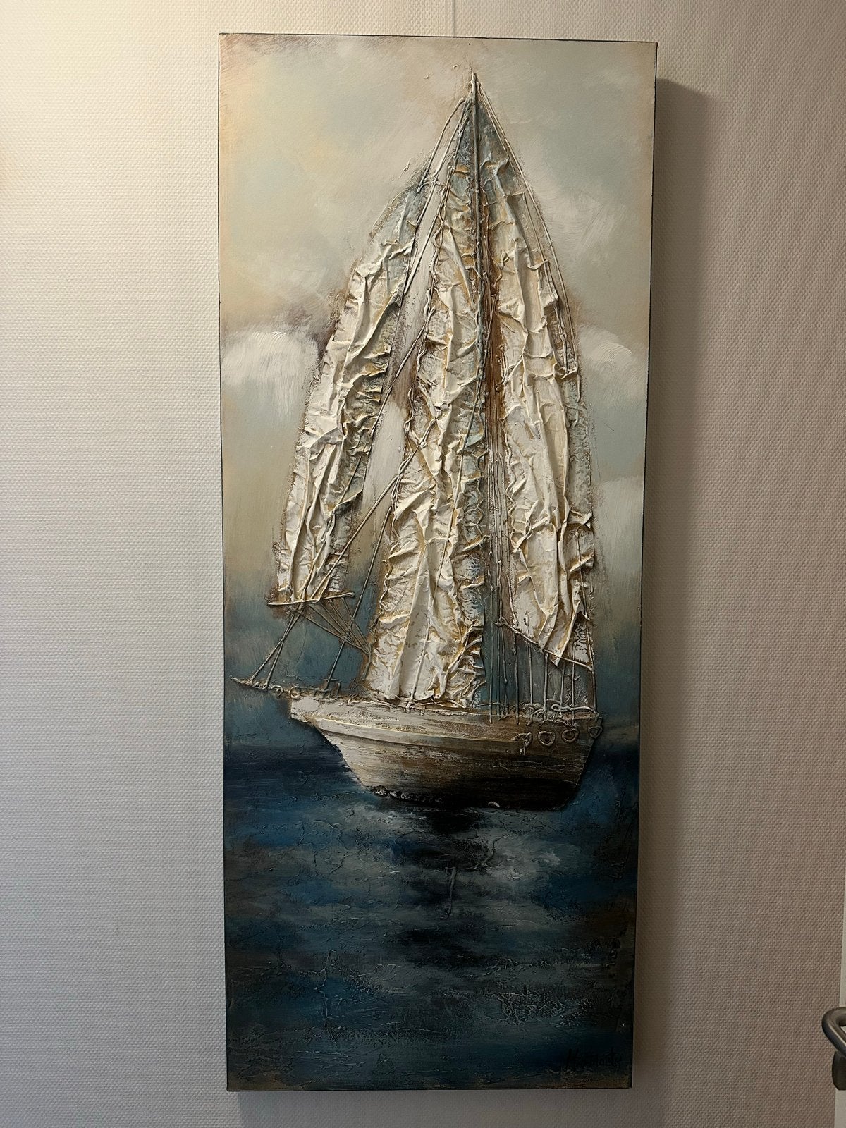 Set van 3 moderne schilderijen met 3D-effect boten, 3D-effect, Gemengde techniek, Textiel, Ophalen