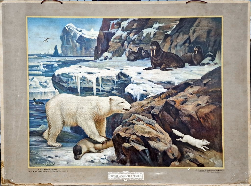 Te midden van sneeuw en ijs / M.A. Koekkoek, Antiek en Kunst, Antiek | Schoolplaten, Ophalen, Geschiedenis