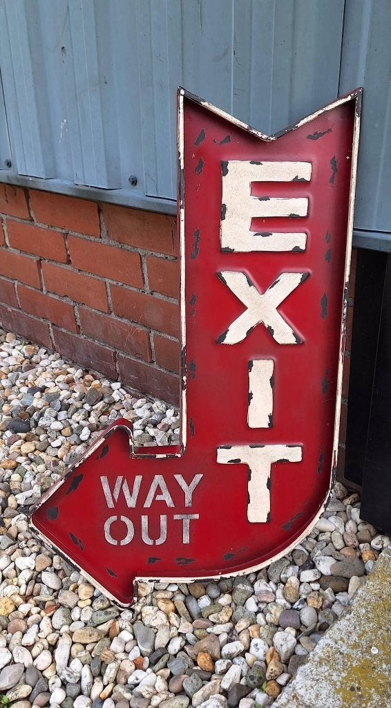 Metalen EXIT / WAY OUT wandbord, vintage look😎, Metaal, ., Vintage, 82 cm