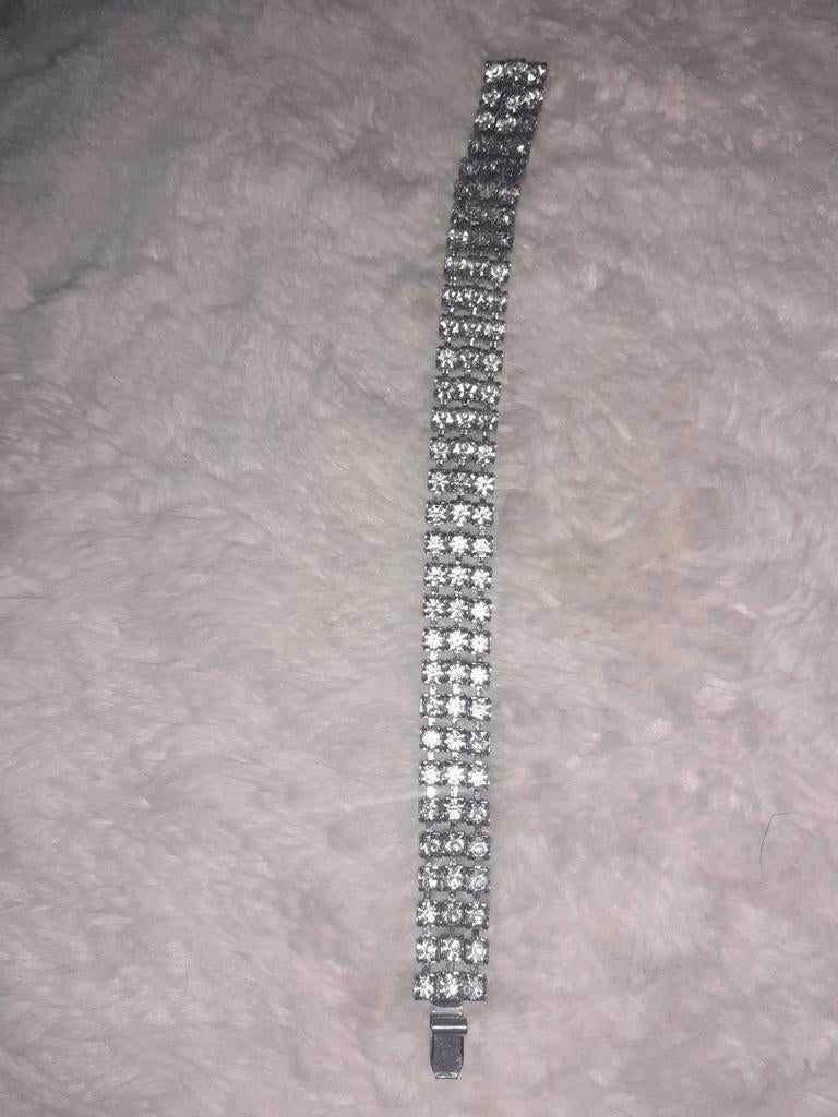 Zilverkleurige Strass Armband - Vintage Statement Sieraad, Overige materialen, Gebruikt, Ophalen of Verzenden, Zilver