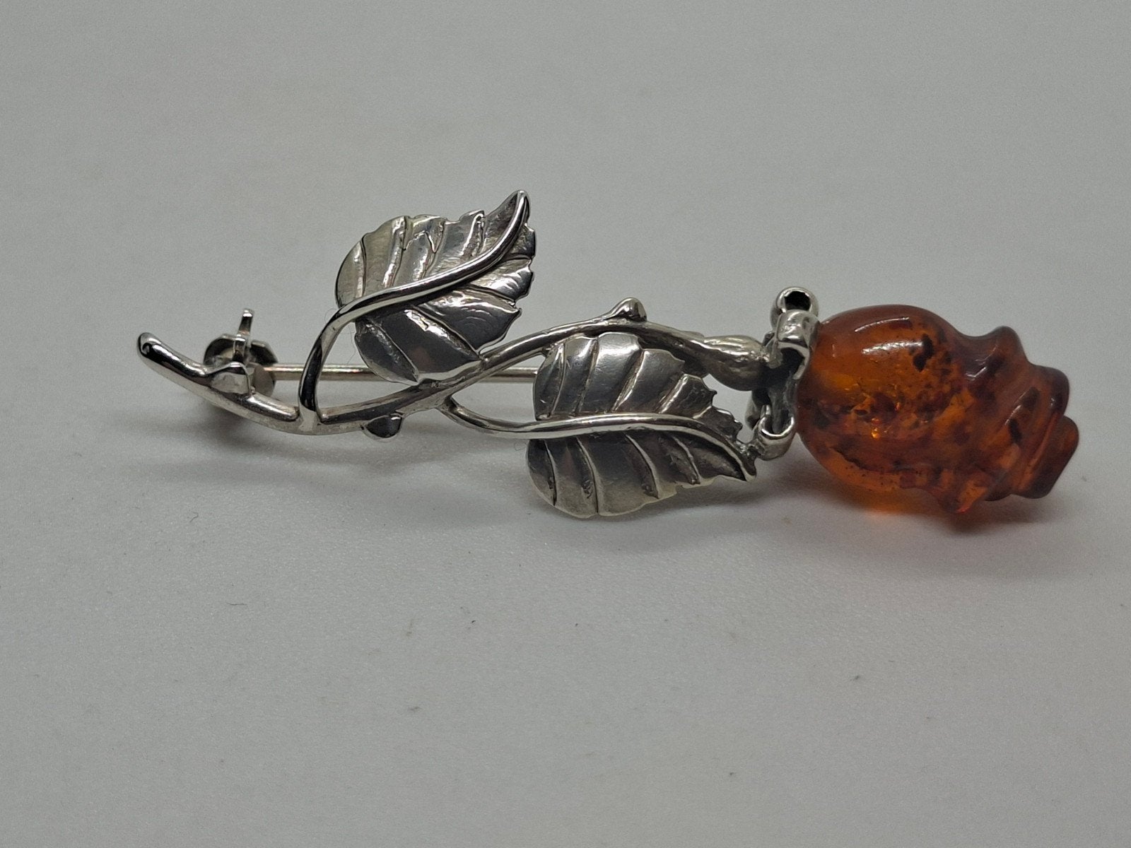 Prachtige Zilveren Broche met Barnsteen Roos (925), 4 tot 7 cm, Oranje, Ophalen of Verzenden, Met edelsteen