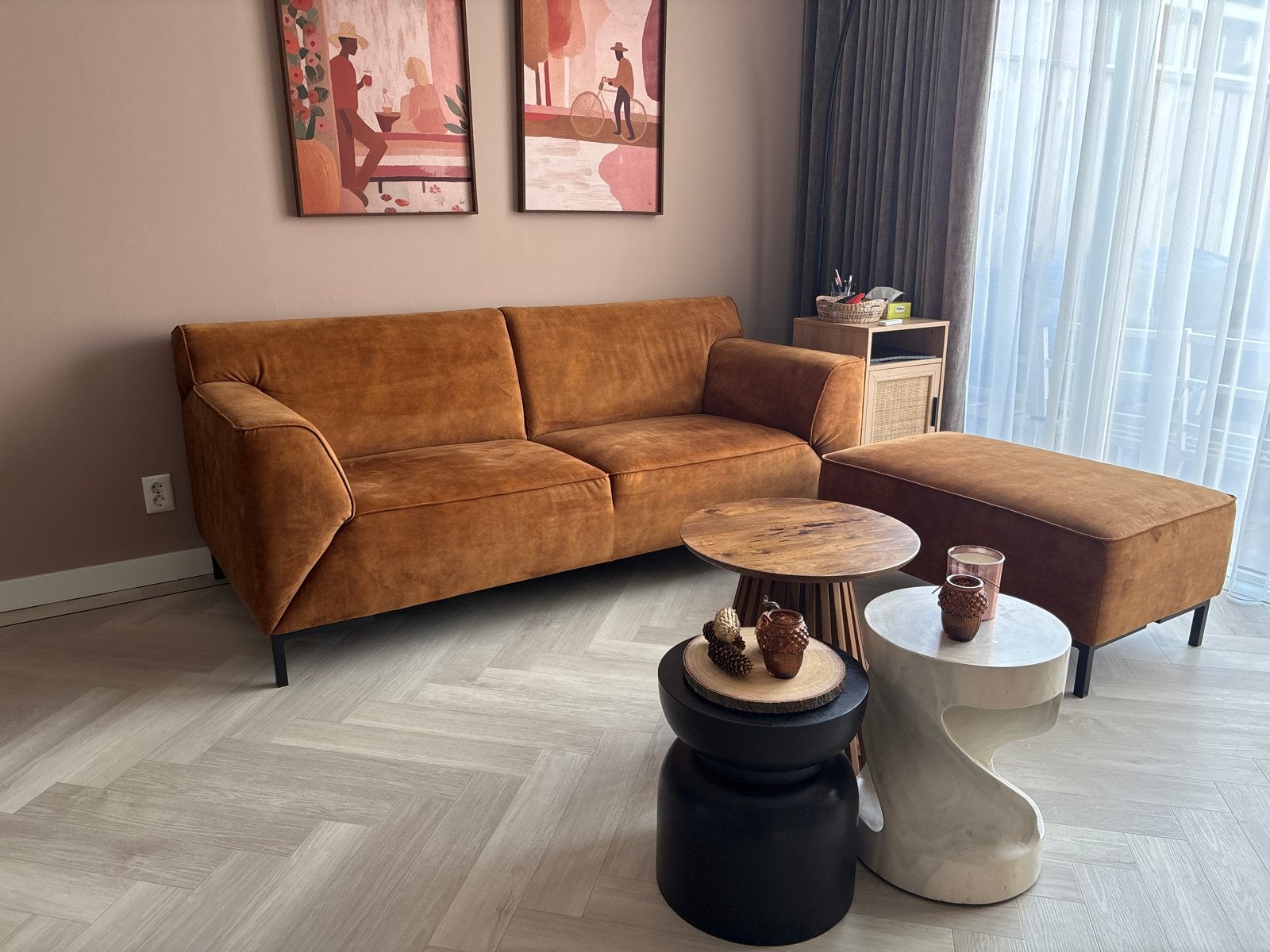Feelings Natal 2,5-zits bank + hocker cognac velvet, Ophalen, Velours, Driepersoons, 75 tot 100 cm