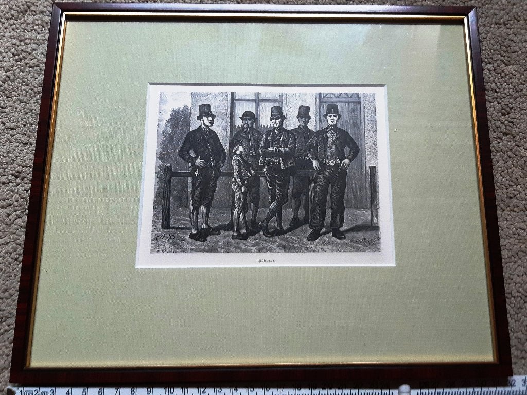 Zeeland houtgravure 1875 mannen in klederdracht uitvaart, 26 cm, Ingelijst, Dagelijks leven, 1800 - 1899