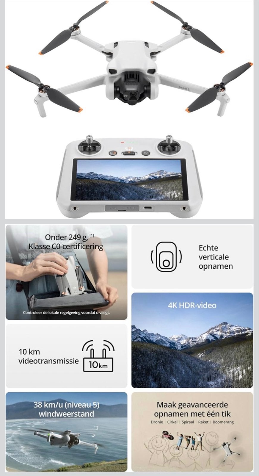 DJI Mini 3 Drone (NIEUW) RC-controller  - 4K HDR-video,, 30 tot 45 minuten, Cameradrone, 5 tot 10 kilometer, Nieuw