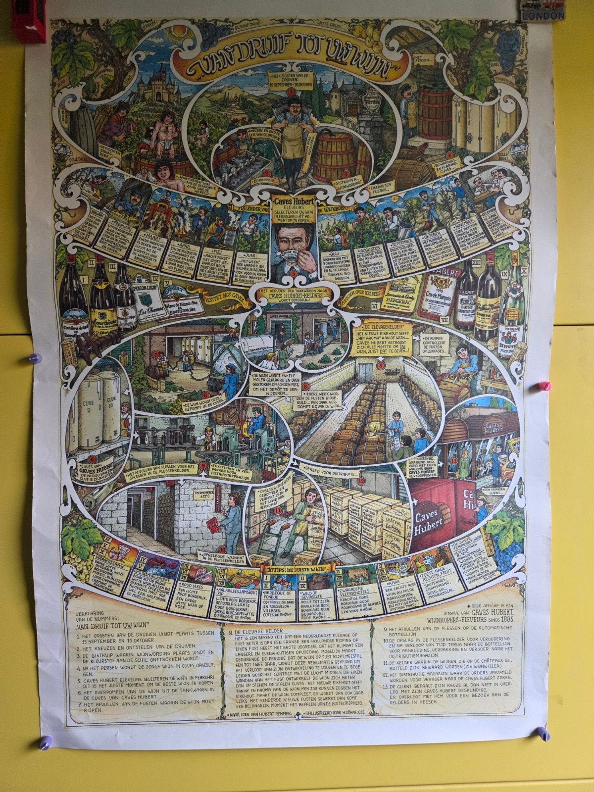 Vintage Poster: Van Druif tot Wijn - Caves Hubert, Ophalen of Verzenden, A1 t/m A3, Overige onderwerpen, Rechthoekig Staand