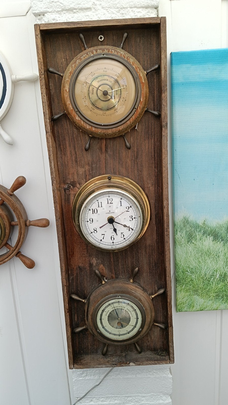 Nautische scheepsklok met barometer op houten paneel, Verzamelen, Ophalen, Gebruikt, Overige typen