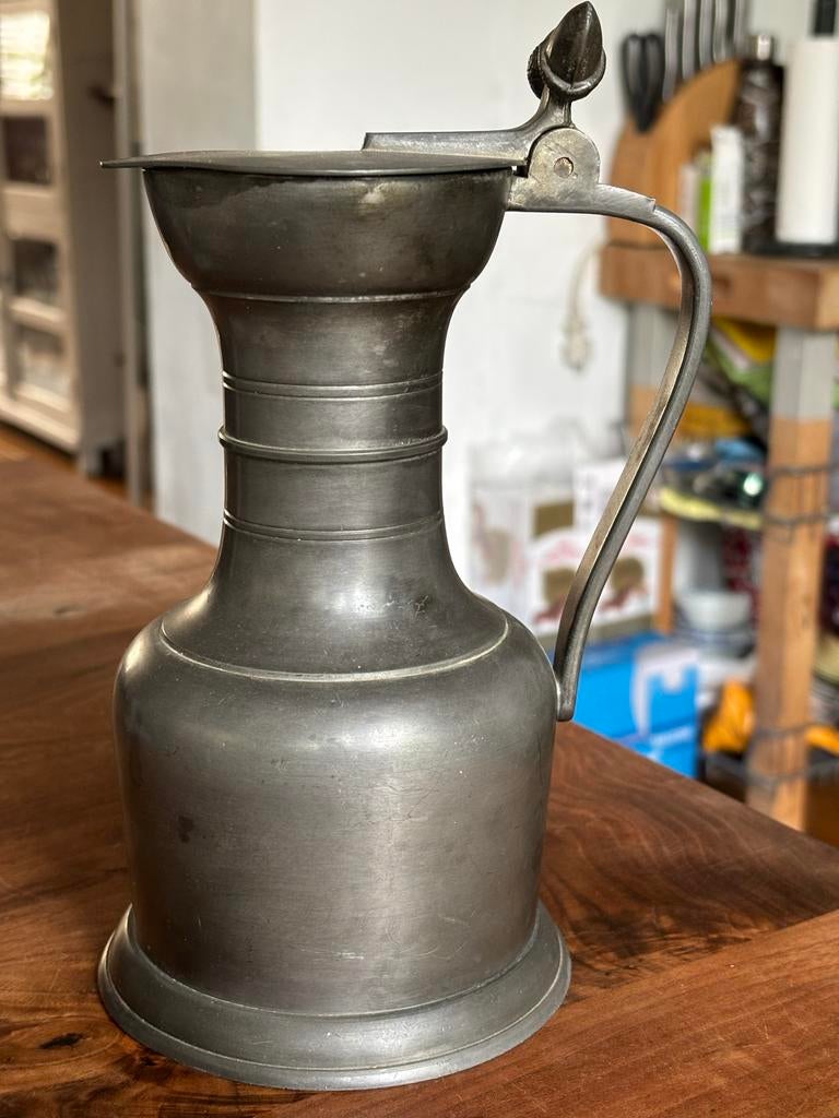 Antieke tinnen kan met scharnierend deksel, Ophalen of Verzenden
