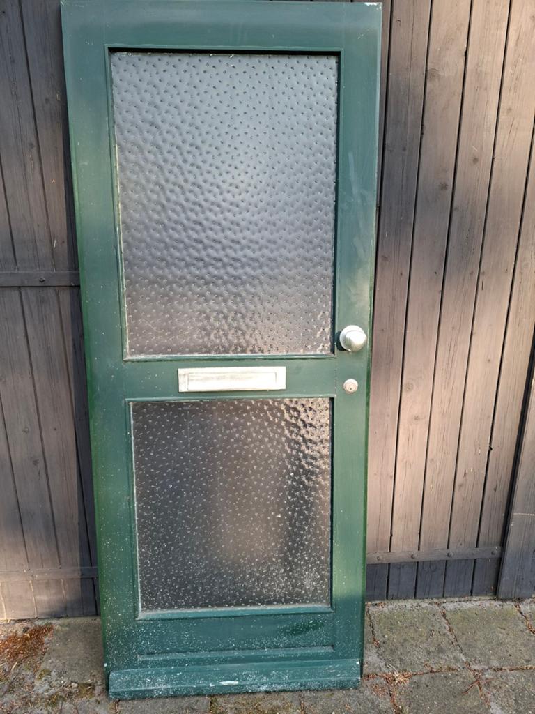 Voordeur hardhout druppelglas, Ophalen, Gebruikt, Buitendeur, 200 tot 215 cm
