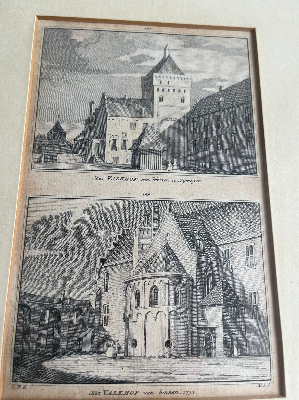 Dubbele gravure Het Valkhof, Nijmegen, Antiek en Kunst, Kunst | Etsen en Gravures, 28 cm, Stadsgezicht, 22 cm, Ophalen of Verzenden