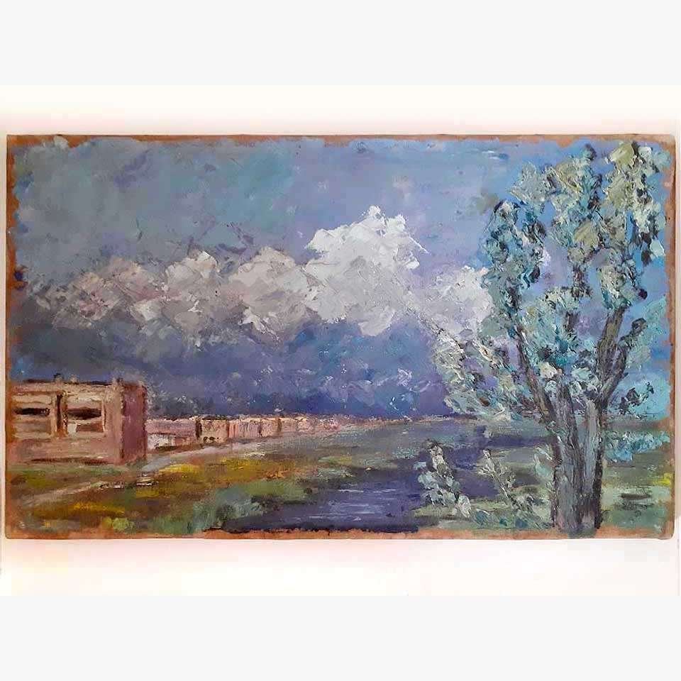 Oud schilderij 36x60 vnl. geschild. met verftube+paletmes p8, Ophalen of Verzenden