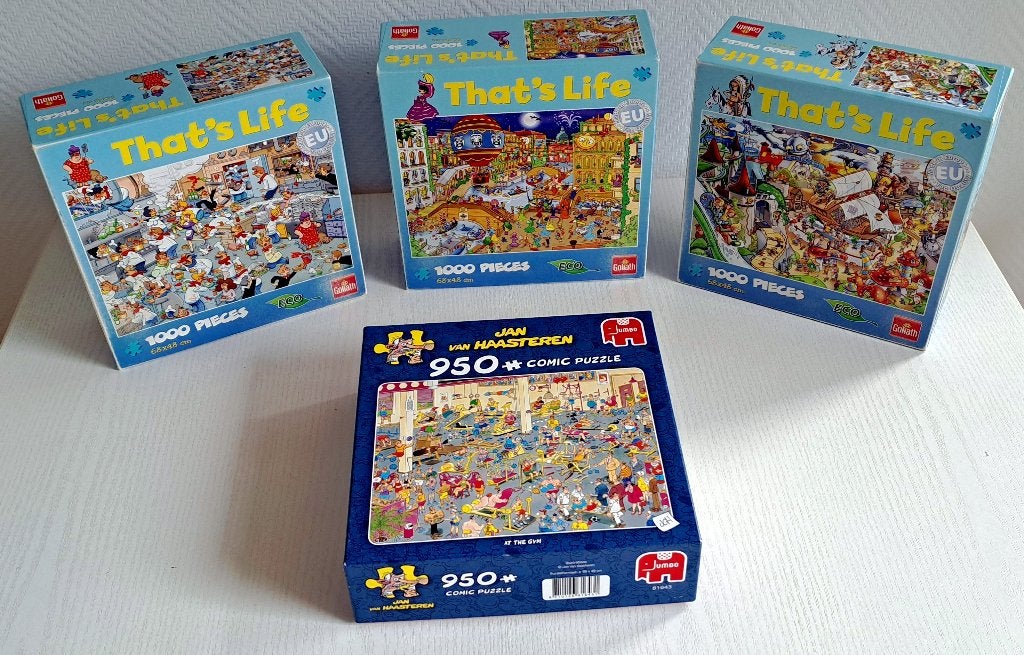 Legpuzzel Jan van Haasteren 1x (en 3x ThatsLife), Ophalen of Verzenden, 500 t/m 1500 stukjes, Gebruikt, Legpuzzel