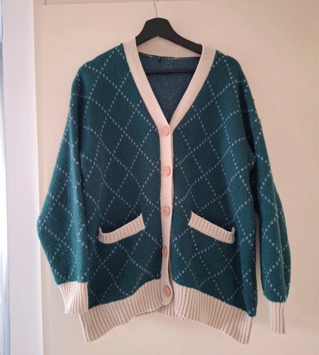 Groen gebreid vest met ruitpatroon - Maat L, Ophalen of Verzenden, Gedragen, Maat 42/44 (L), Groen