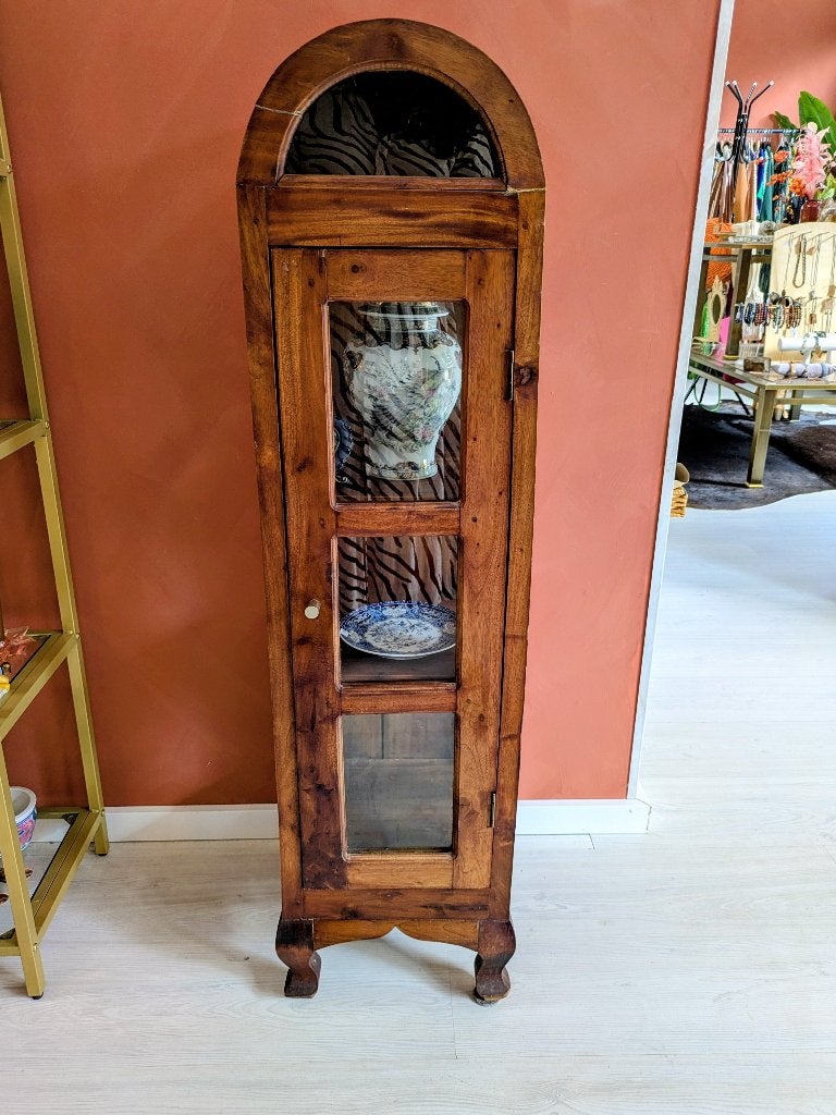 Koloniale Vitrinekast Boogkast Teak, Minder dan 50 cm, Met deur(en), Koloniaal, Ophalen of Verzenden