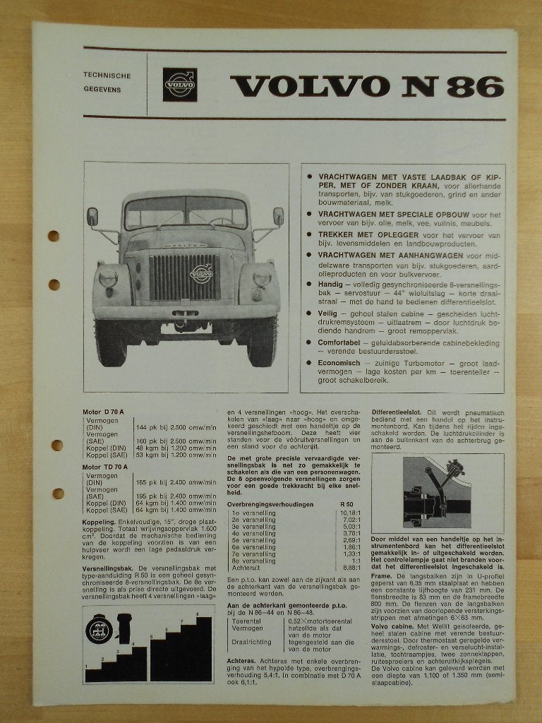 Volvo N86 Technische Specificatie Brochure 1965 Torpedo Neus, Gelezen, Volvo, Volvo, Ophalen of Verzenden