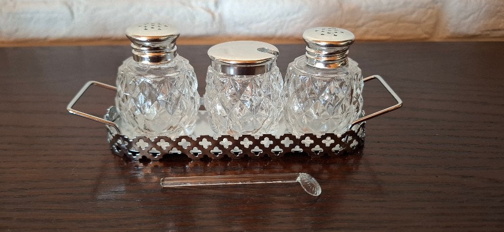 Vintage peper-, zout- en mosterdstel - chroom houder, Ophalen