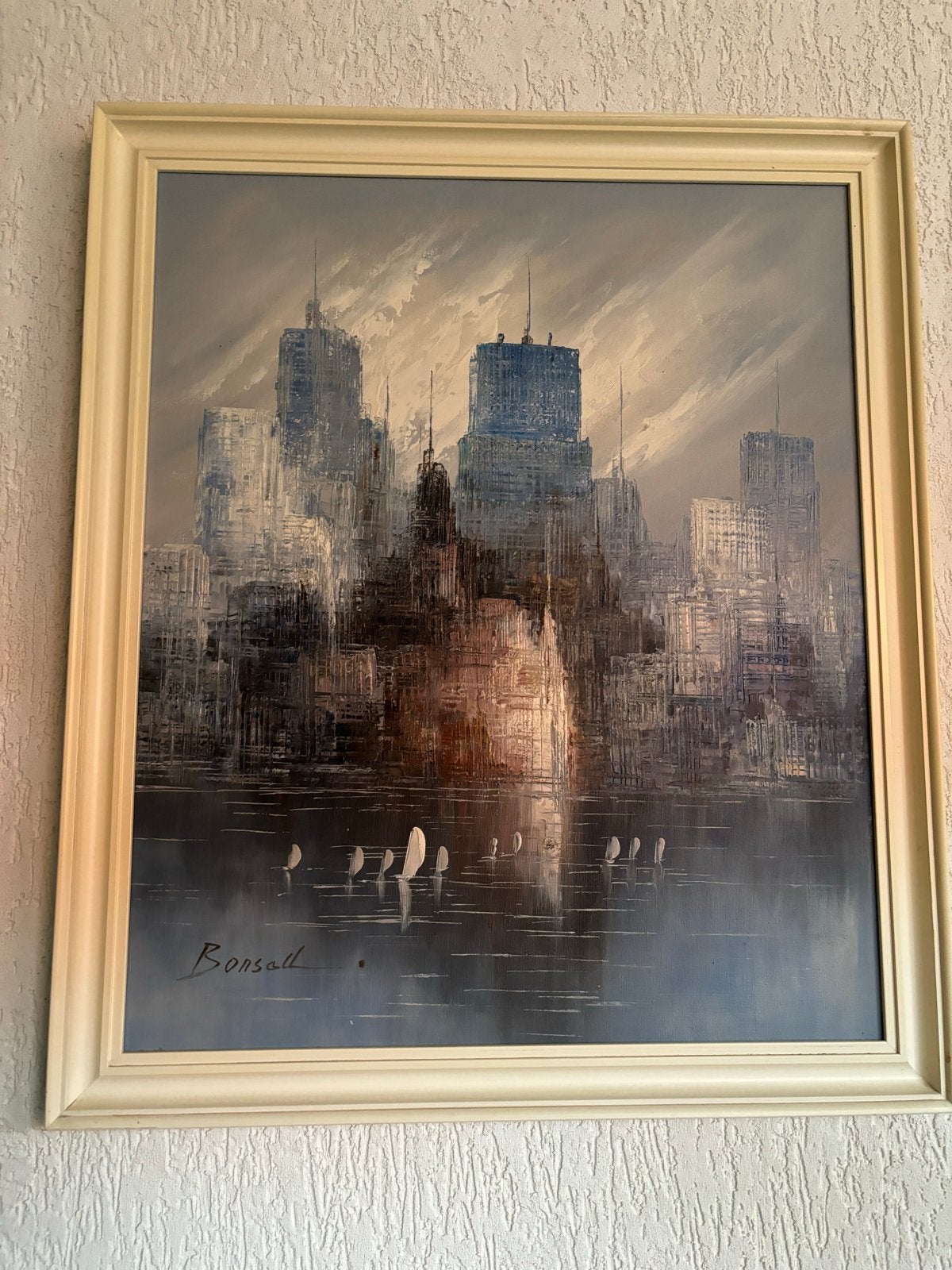 Stadsgezicht met boten - Gesigneerd Bonsall, Antiek en Kunst, Ophalen, Overige materialen, Stadsgezicht, Gesigneerd