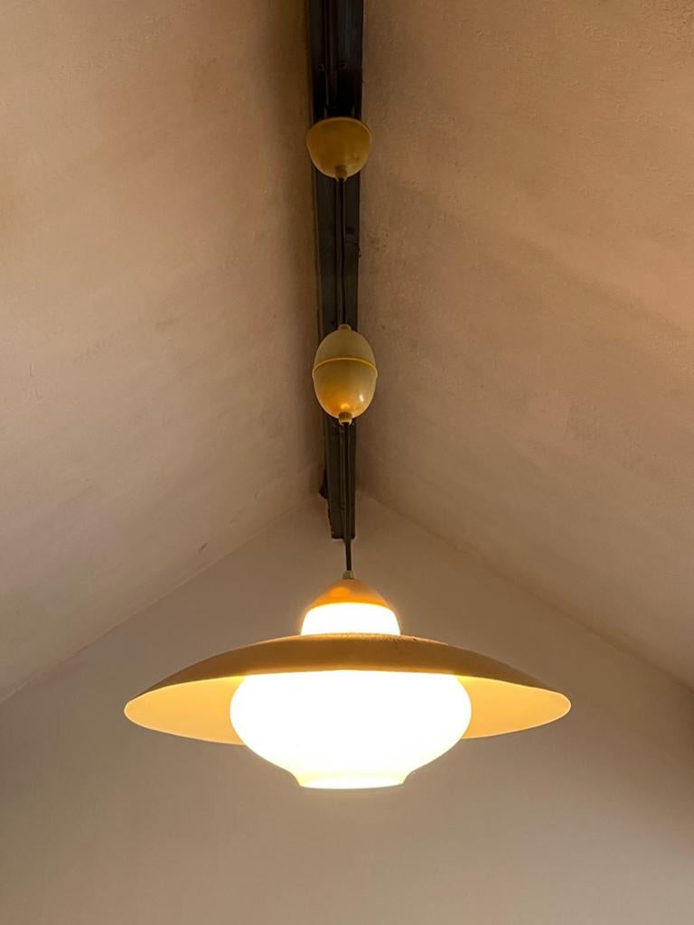 Vintage Philips UFO hanglamp Louis Kalff jaren ‘50-‘60, Ophalen, Zo goed als nieuw, Glas, Vintage Mid-Century