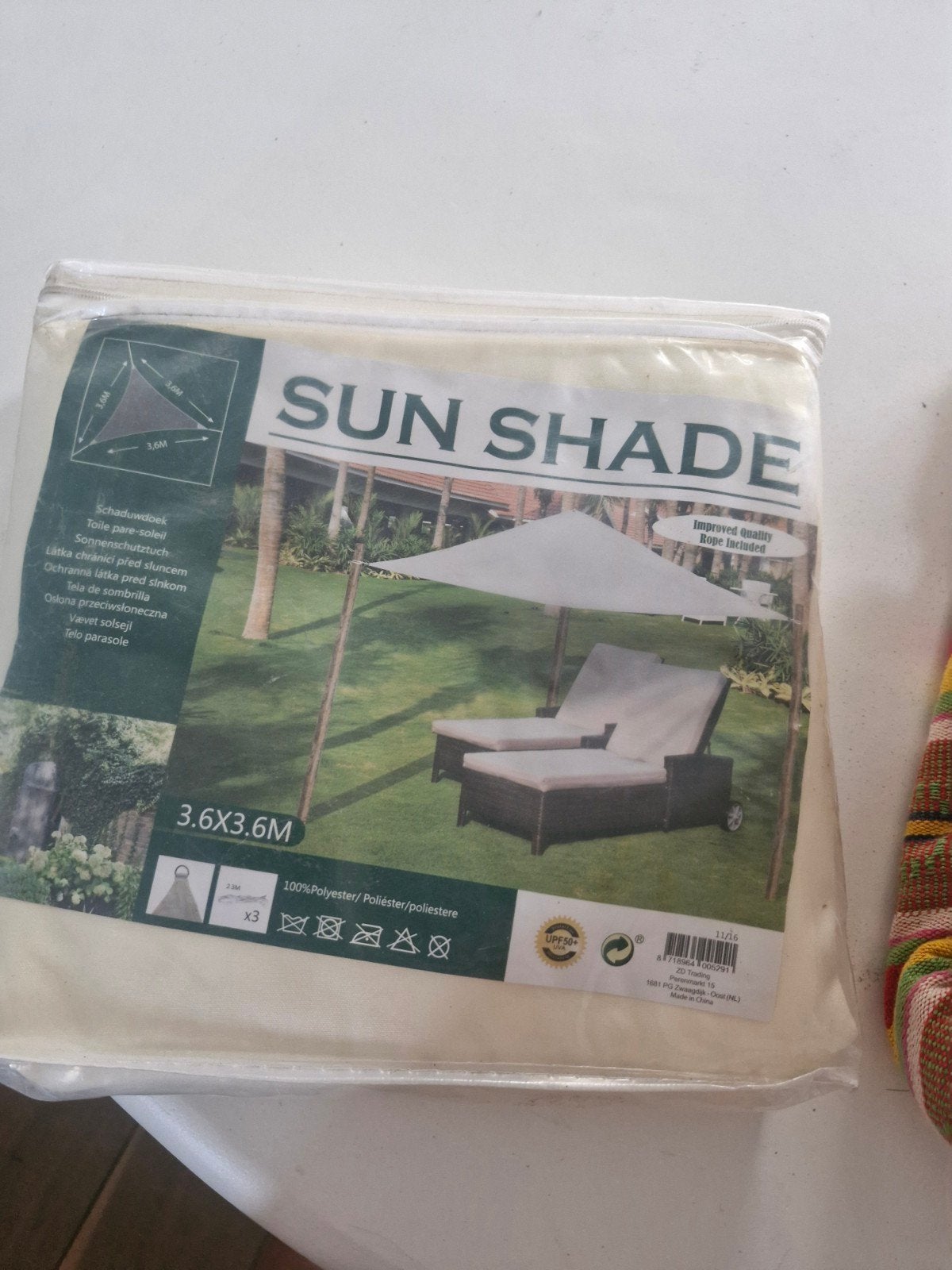 Nieuw Schaduwdoek 3.6x3.6M - Polyester Zandkleurig, Tuin en Terras, Schaduwdoeken, Ophalen of Verzenden, Nieuw