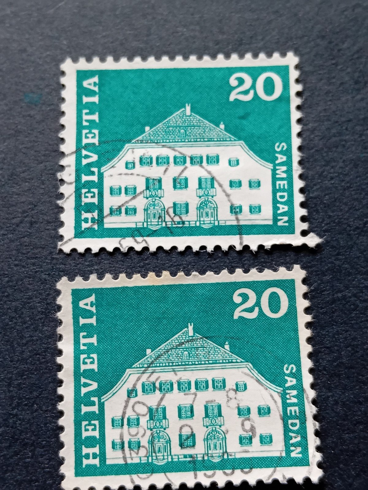 2 Zwitserse postzegels Helvetia Samedan 20, Ophalen of Verzenden, Gestempeld