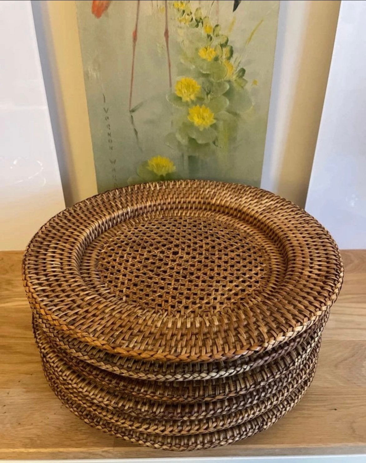 Vintage rotan onderborden set van 6 | Birma riet Ø 32 cm, Ophalen of Verzenden, Zo goed als nieuw